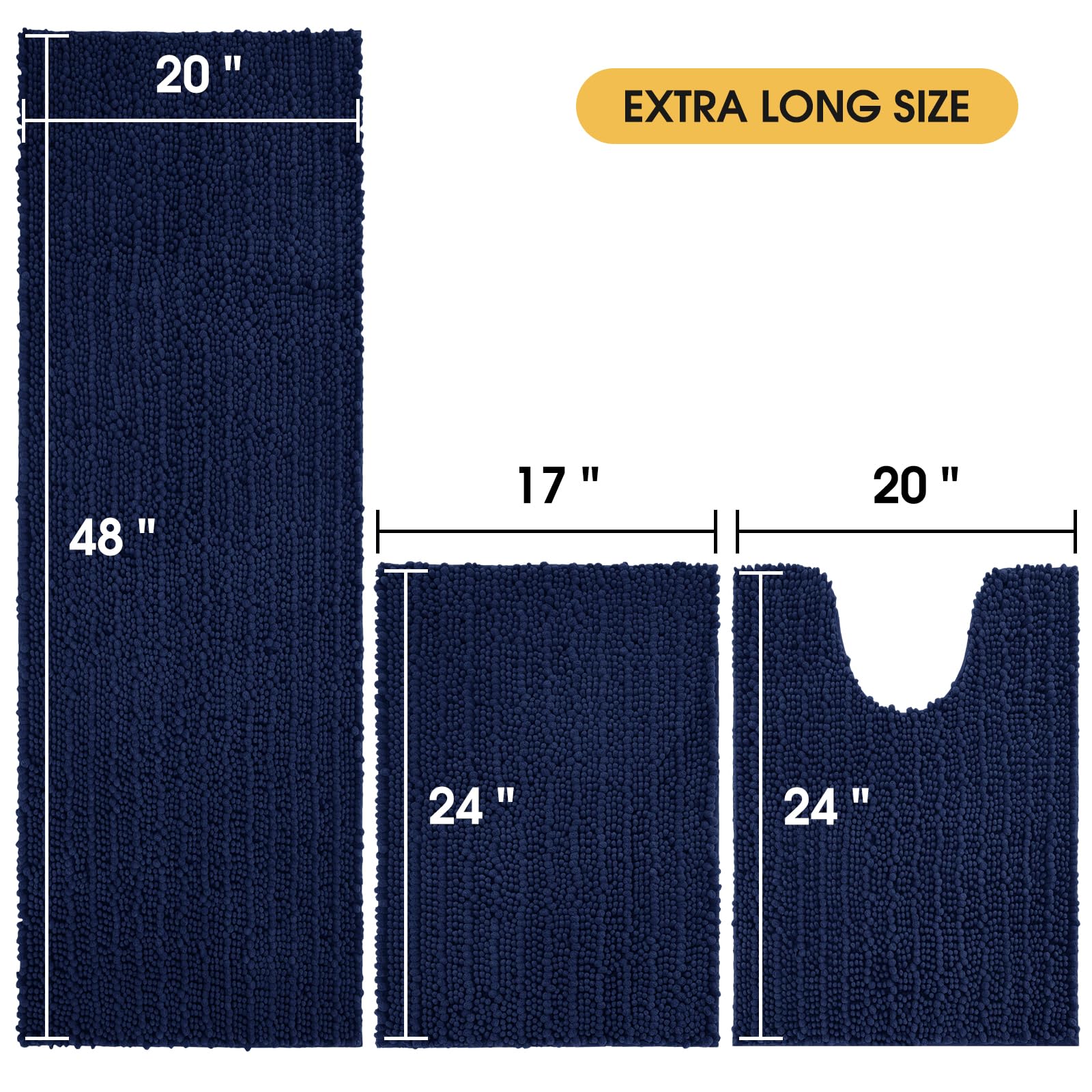 Accumtek Upgrade Extra Large Navy Blue Bathroom Rug Set 3 Pieces Ultra Soft, Thick Absorbent Bath Mats, Non Slip Chenille Toilet